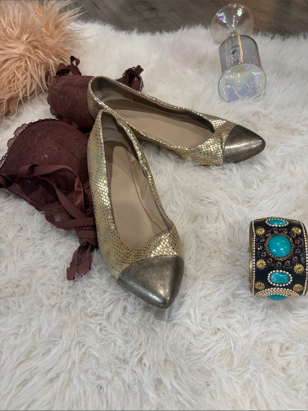 Kenneth Cole Metallic Gold Pointed Toe Ballet Flats - Women Shoes
